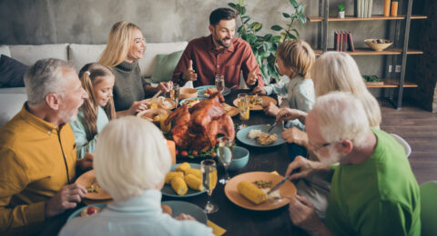 Portrait of nice charming cheerful big full family company group brother sister talking meeting gathering eating domestic meal dishes brunch gratefulness modern loft industrial style interior house